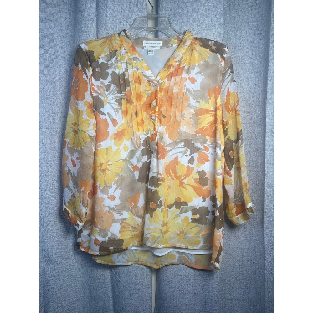 Coldwater Creek Womens Yellow Orange Floral Chiffon Pintuck Blouse Size M 10/12